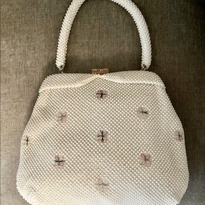 White beaded handle bag, vintage, satin lined, retro, like new condition!